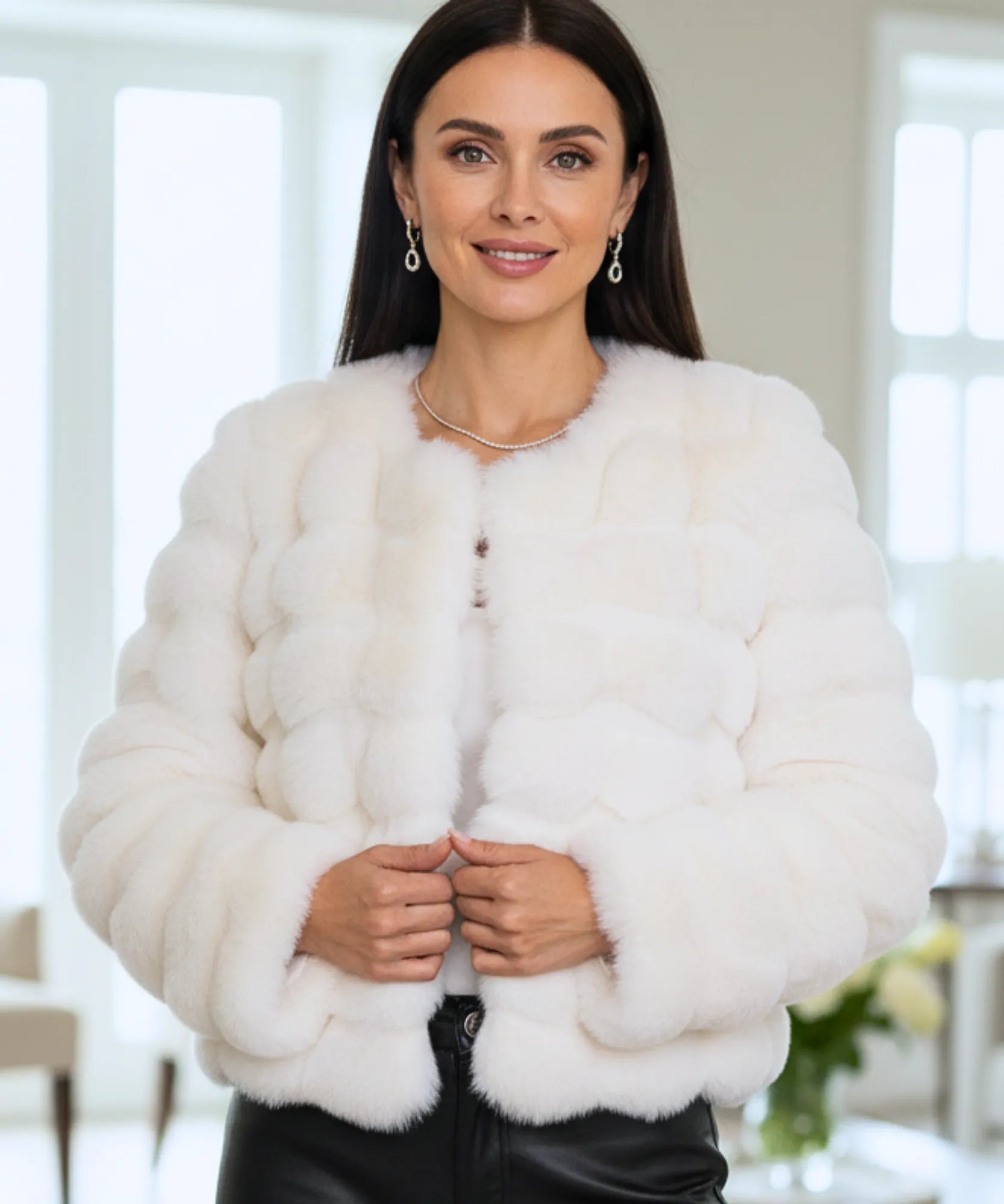 Women's cropped vegan fur jacket in ivory, front view