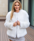 Women's white shaggy vegan fur jacket, front view