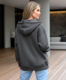 Women's charcoal fleece zip up hoodie, back view with hood