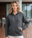 Women's charcoal fleece zip up hoodie with front pockets, front view