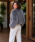 Women's short vegan fur jacket in charcoal