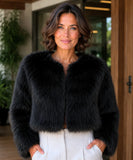 Women's short vegan fur jacket in black