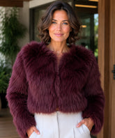 Women's short vegan fur jacket in burgundy