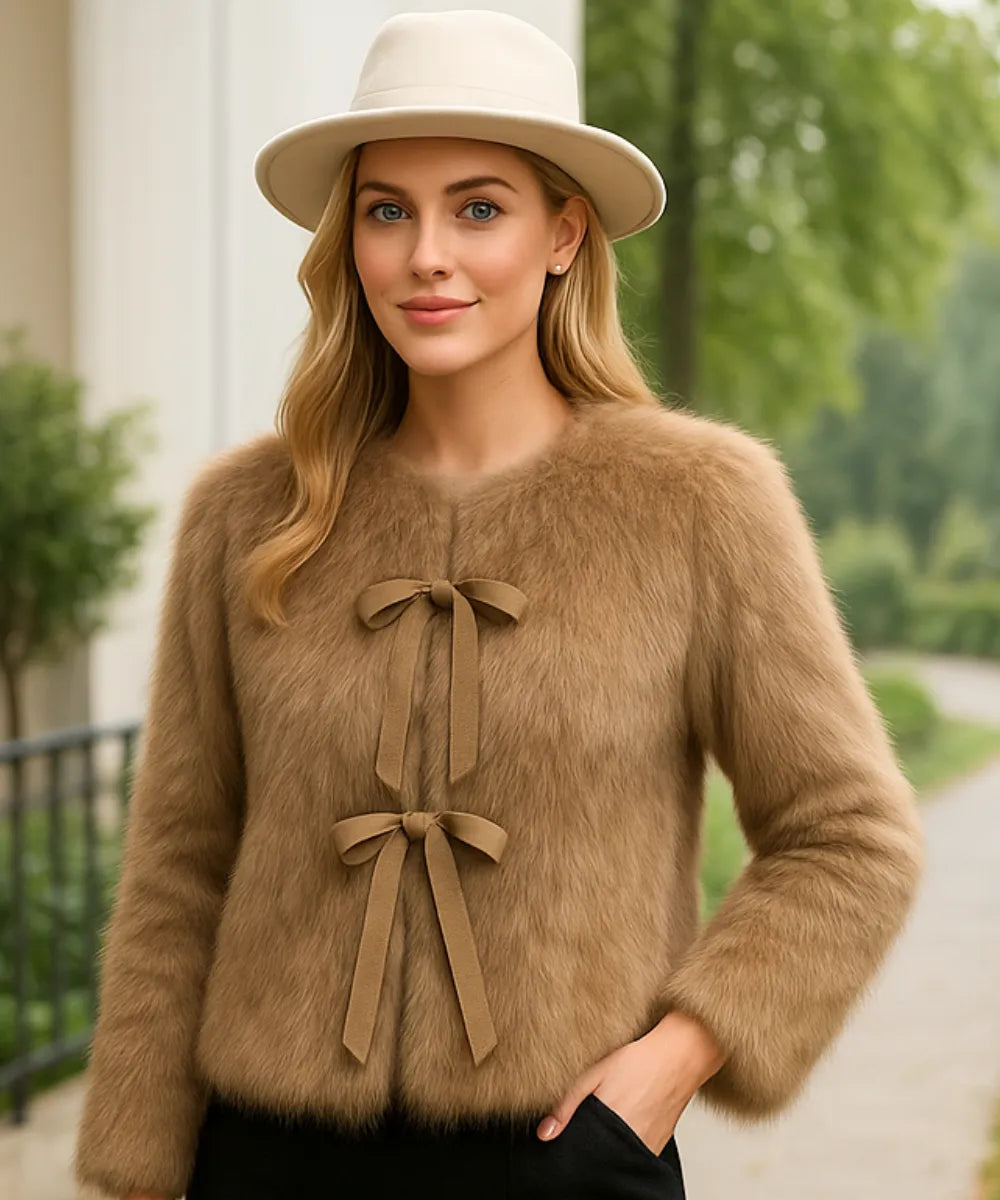 Comprar casaco de pelo feminino curto marrom sofisticado com amarração e forro quente para inverno ou frio intenso em promoção ZARA