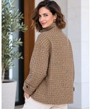 Women's houndstooth jacket in brown, back view with relaxed fit