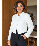 Ivory cropped tailored blazer with a mandarin collar worn as a styled look