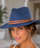 Unisex wide-brim straw fedora hat in navy with a leather band