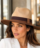 Women's wide-brim suede fedora hat in camel with a two-tone band