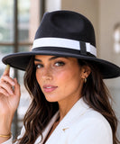 Women's wide-brim suede fedora hat in charcoal with a two-tone band