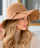 Camel wide-brim wool felt fedora hat, close-up view