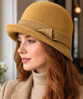 Women's Wool Felt Cloche Hat in Mustard with a striped band