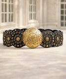 Women's black concho belt with engraved gold buckle and studded medallions