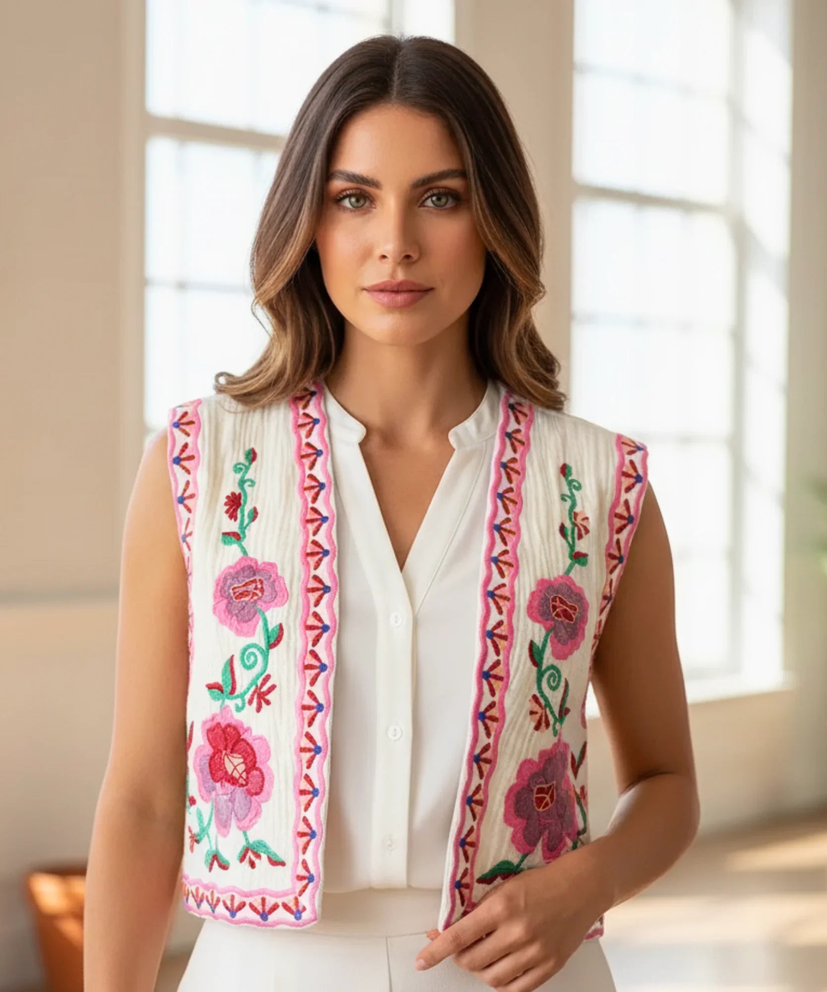 Women's floral embroidered cropped vest in pink, front view