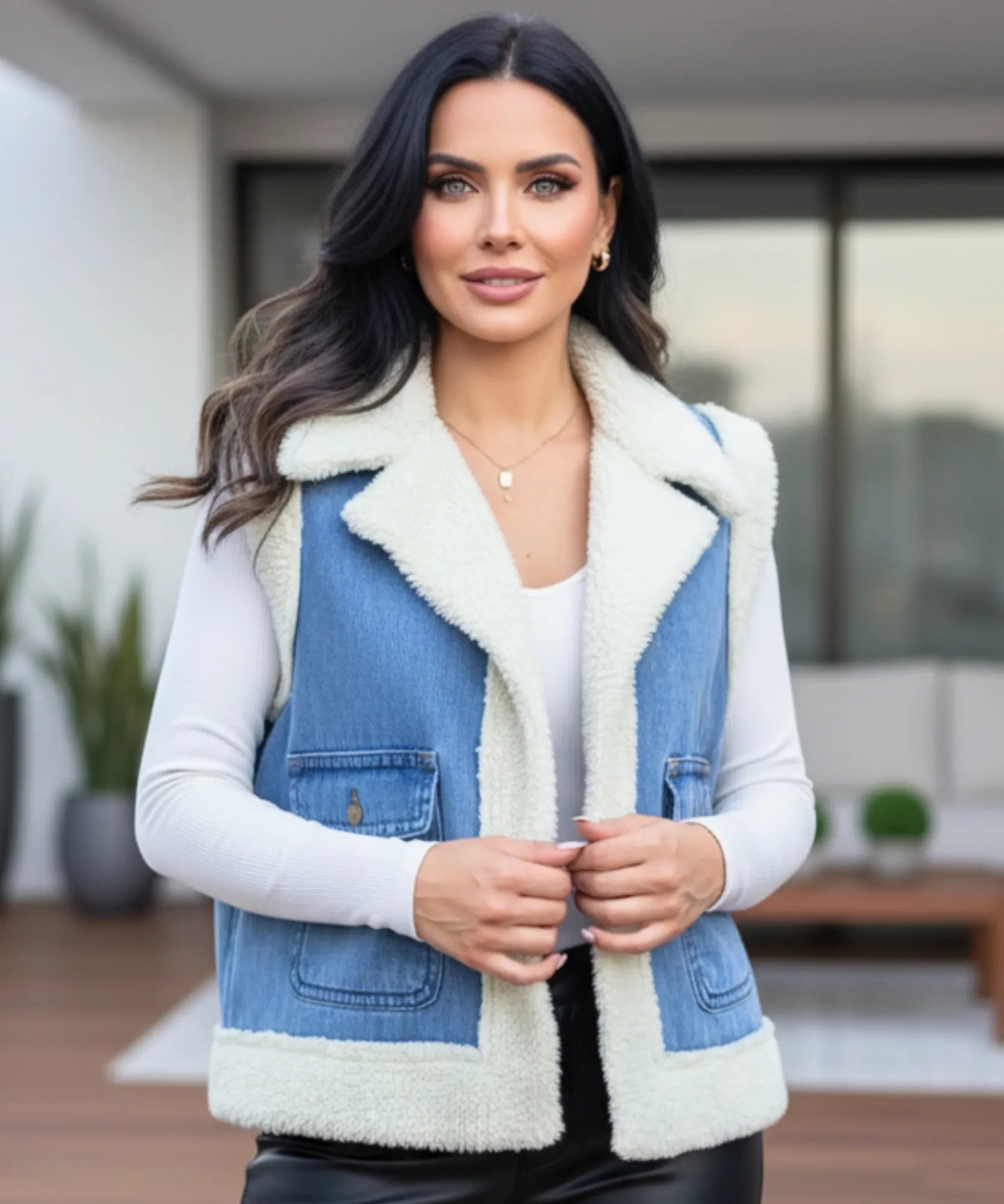 Women's sherpa-lined denim vest in blue, styled look