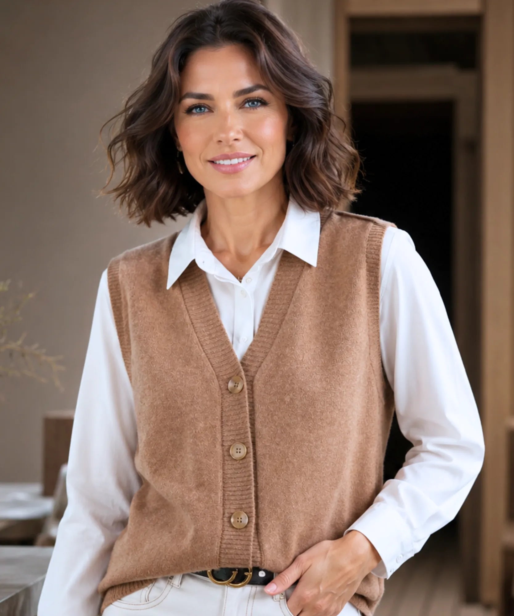 Women's V-neck button-front sweater vest in Camel