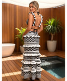 Comprar conjunto biquíni crochê 2 peças top saia longa preto branco geométrico babados barato em promoção