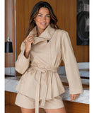 Women's beige belted blazer and shorts set, front view