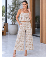 Women's embroidered crop top and pants set in beige