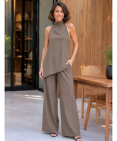 Women’s Tailored Linen Look Set with High Neck Top and Pants | Biah