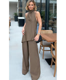 Women’s Tailored Linen Look Set with High Neck Top and Pants | Biah
