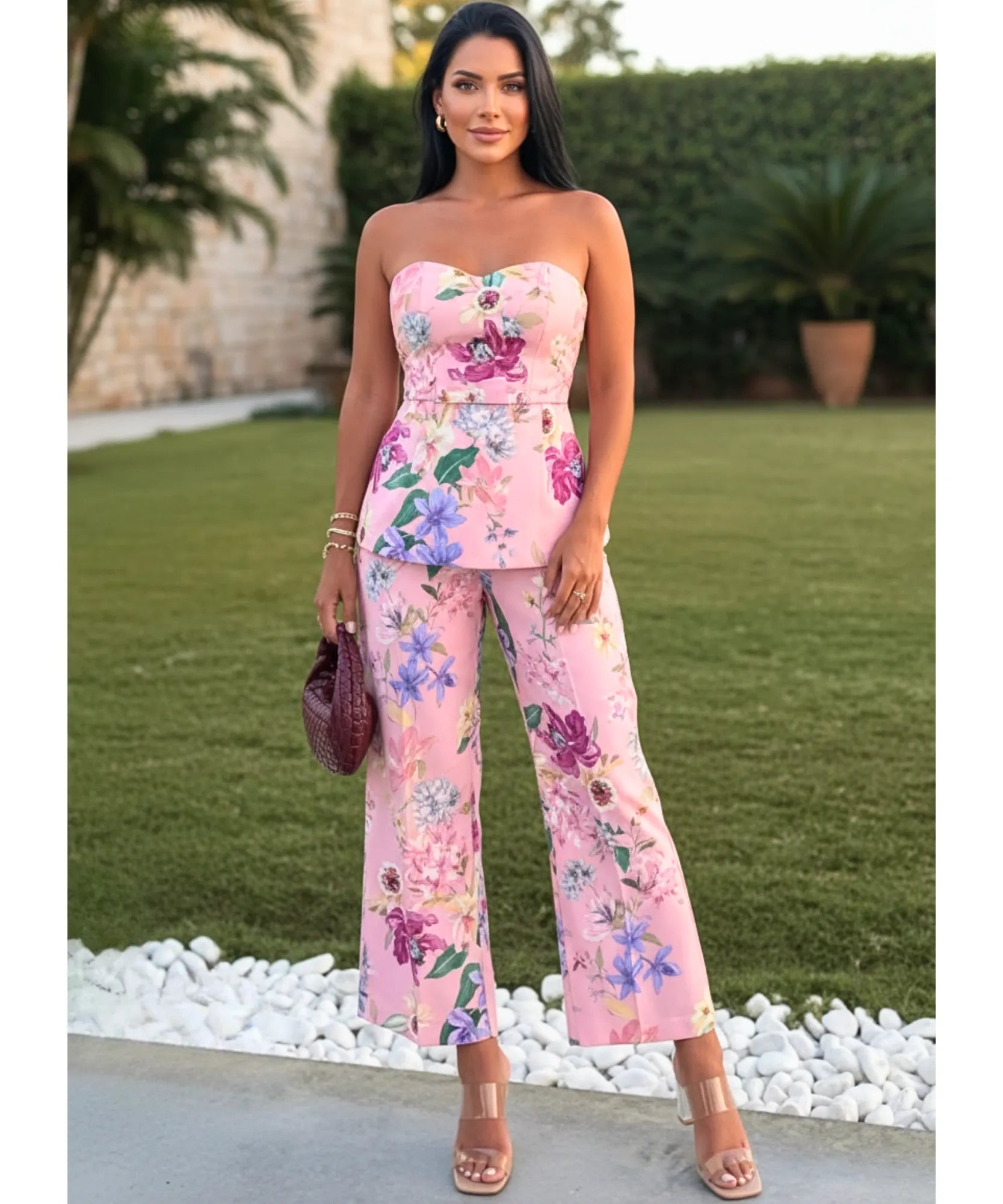 Comprar conjunto feminino calça pantalona e blusa floral rosa elegante casual verão em promoção ZARA