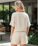 Comprar conjunto feminino linho blusa manga curta short ajustável verão casual barato ANELLIMN