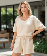 Comprar conjunto feminino linho blusa manga curta short ajustável verão casual barato ANELLIMN