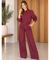 Women's burgundy blazer and wide-leg pants set
