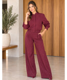 Women's burgundy blazer and wide-leg pants set