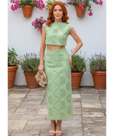 Comprar conjunto saia e cropped feminino laise bordado inglês vazado verde menta elegante festa barato ou em promoção ZARA