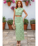 Comprar conjunto saia e cropped feminino laise bordado inglês vazado verde menta elegante festa barato ou em promoção ZARA