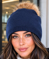 Women's Navy Cashmere-Blend Pom Pom Beanie