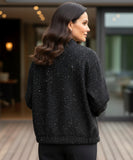 Women's black sequin bomber jacket, styled look
