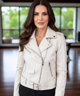 Women's leather biker jacket in ivory, styled look