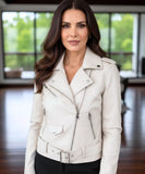 Women's leather biker jacket in ivory, styled look