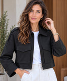 Women's cropped utility jacket in black with point collar and flap pockets