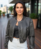Women's leather bomber jacket in grey, front view