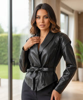 Women's belted leather jacket in black, front view