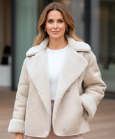 Women's ivory vegan leather aviator jacket, front view