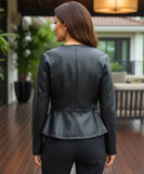 Women's wrap leather jacket in black, side view