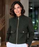 Women's wool jacket in olive green with gold zipper detail