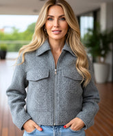 Women's oversized bouclé jacket in grey, front view