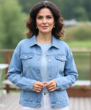 Women's denim blue oversized denim jacket, styled look