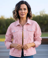 Women's pink oversized denim jacket, styled look