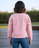 Women's pink oversized denim jacket, detail view