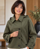 Women's utility jacket in olive green with removable hood
