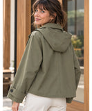 Women's utility jacket in olive green, back view with hood