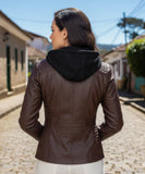 Women's brown vegan leather moto jacket, front view