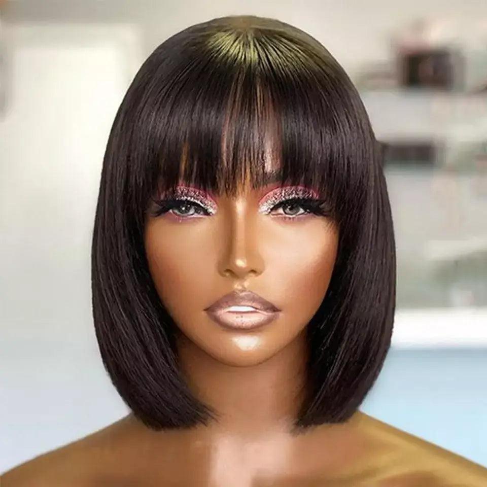 Lace Front 100% Human Hair Short Straight Wig with Bangs - Anellace Lace Front 100% Human Hair Short Straight Wig with Bangs - Anellace
