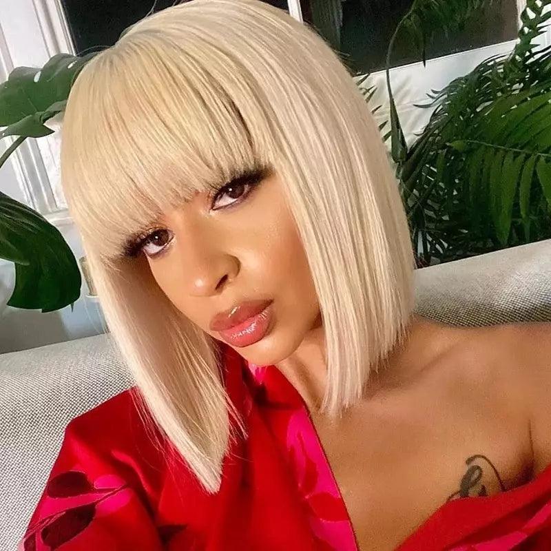 Lace Front 100% Human Hair Short Straight Wig with Bangs - Anellace Lace Front 100% Human Hair Short Straight Wig with Bangs - Anellace